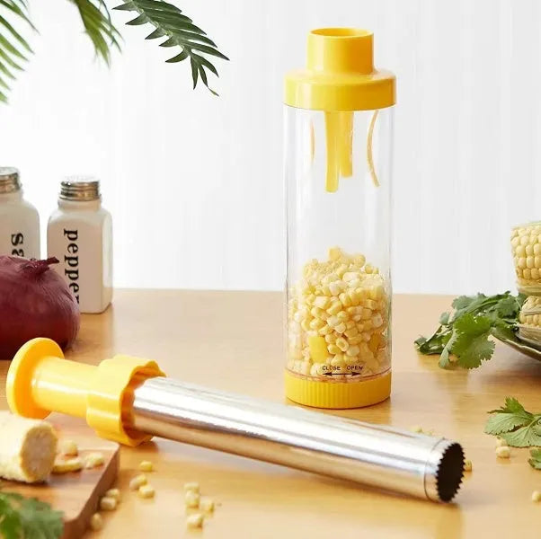 Yellow cylindrical corn stripper tool with stainless steel blades for removing kernels.
