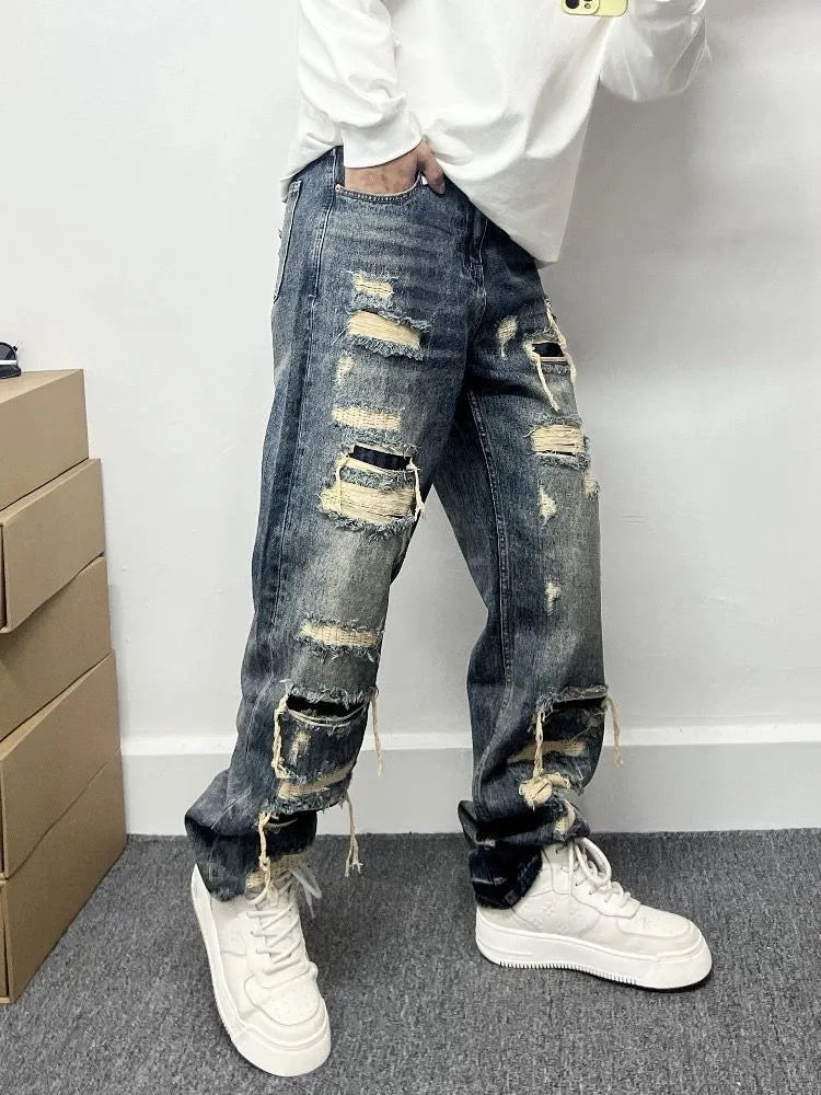Light blue ripped patch denim jeans for teenagers mid waist zip fly cotton