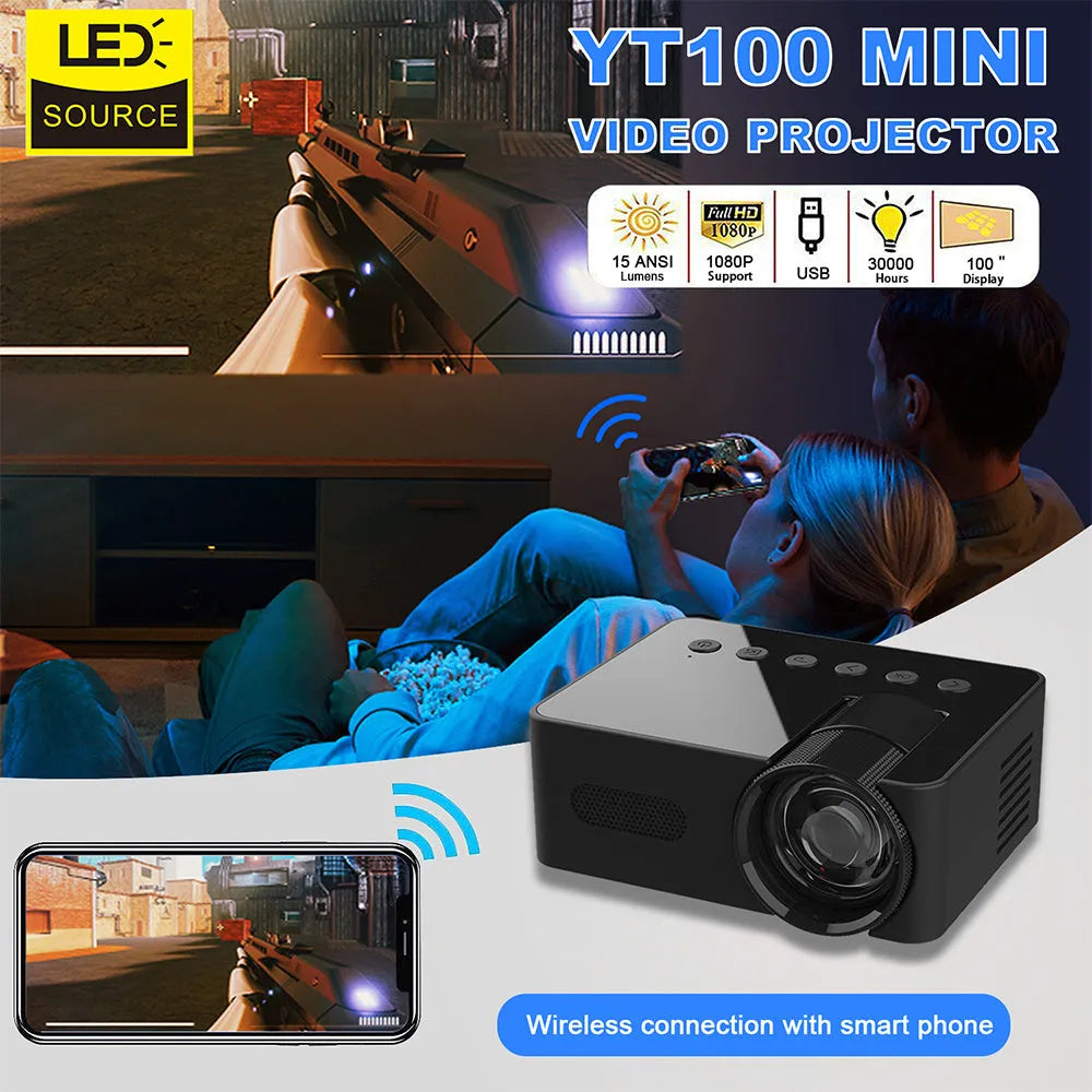 Black mini portable projector with USB power, wireless screen mirroring, 101x78x40mm body, and 165g weight