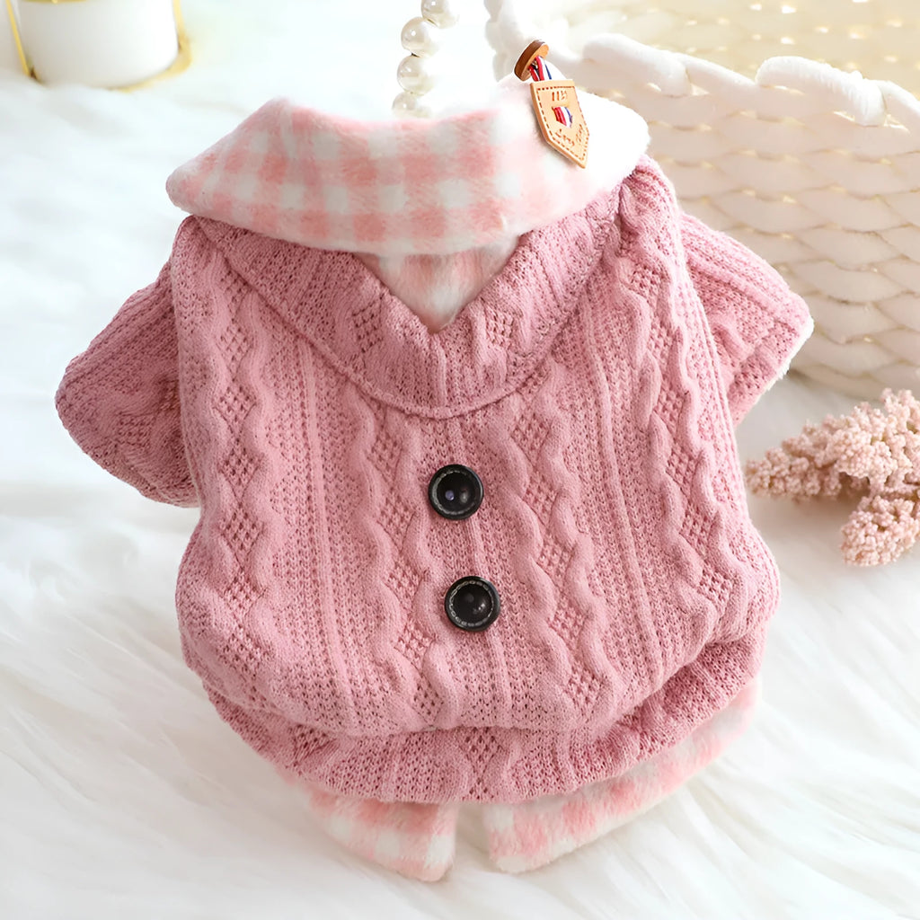 Dog wearing blue wool plaid fake two-piece sweater with fleece lining