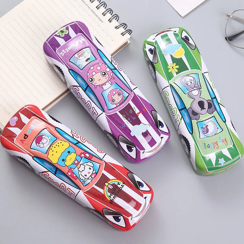 Metal tinplate double-layer stationery box in racing car shape with cartoon pattern, dimensions 20x6.5x3 cm