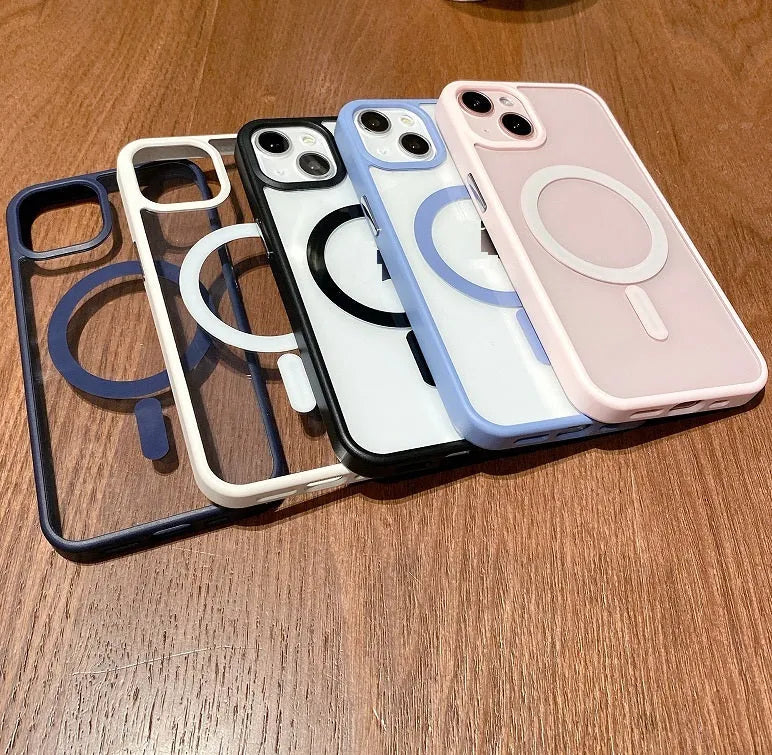 Transparent acrylic MagSafe phone case showing magnetic ring, compatible with iPhone 12 and 13 models