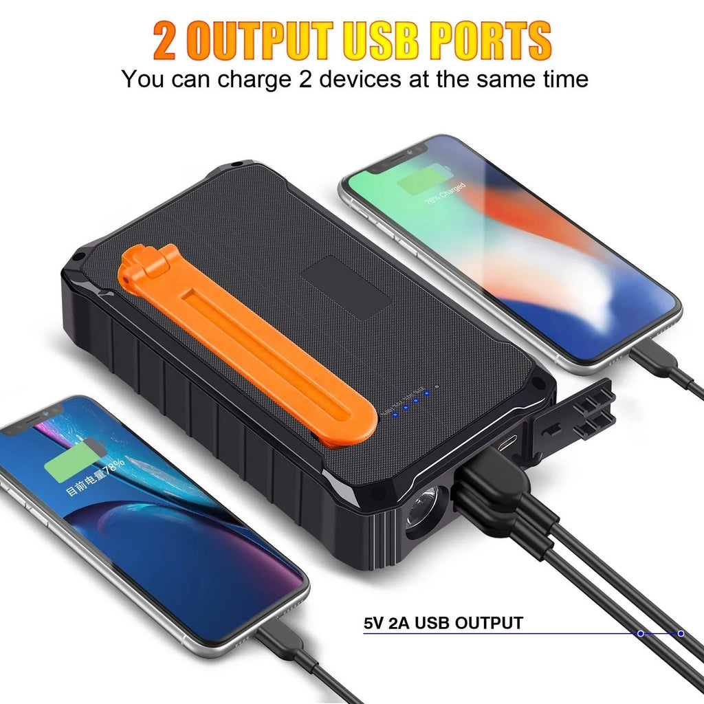 Orange and green hand solar mobile power bank with hand crank and dual USB ports