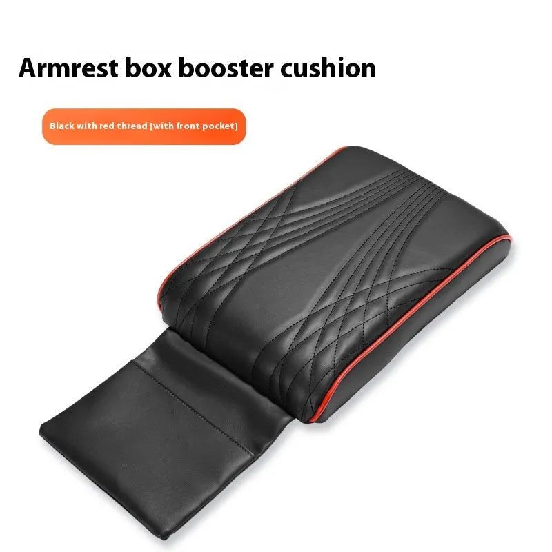 PU leather car armrest cover with heightening insole, black stripes, with pocket, on vehicle seat