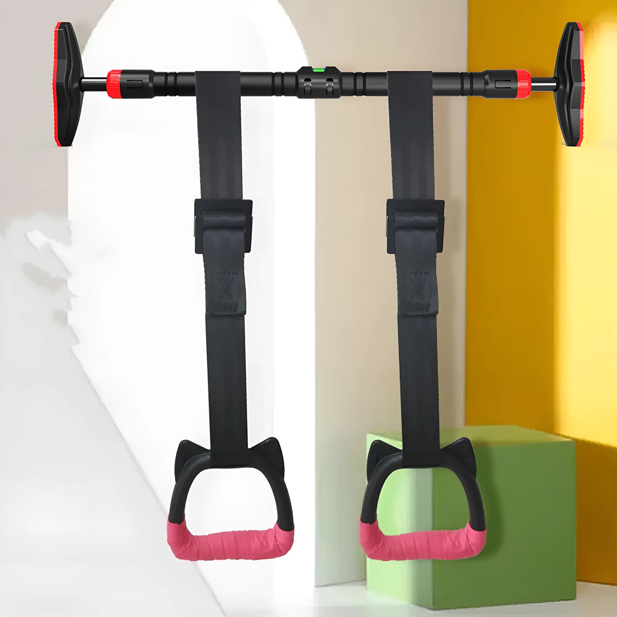 Pair of kids gymnastic rings with black PP handles, 1m or 2m webbing straps, and hand glue