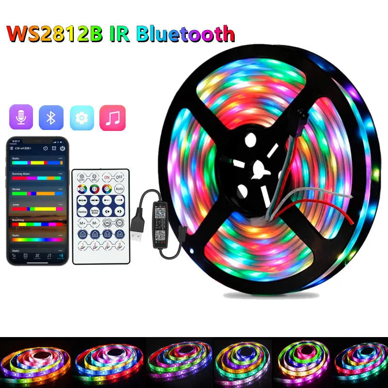 Magic colour 30m LED light strip with 5050 WS2812b beads, Bluetooth 28-key remote, for TV background and venue lighting