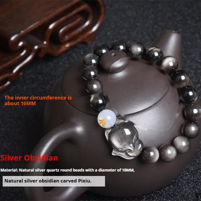 Natural black obsidian bracelet with 10mm beads and zodiac design in gold, silver, or pure stone variations
