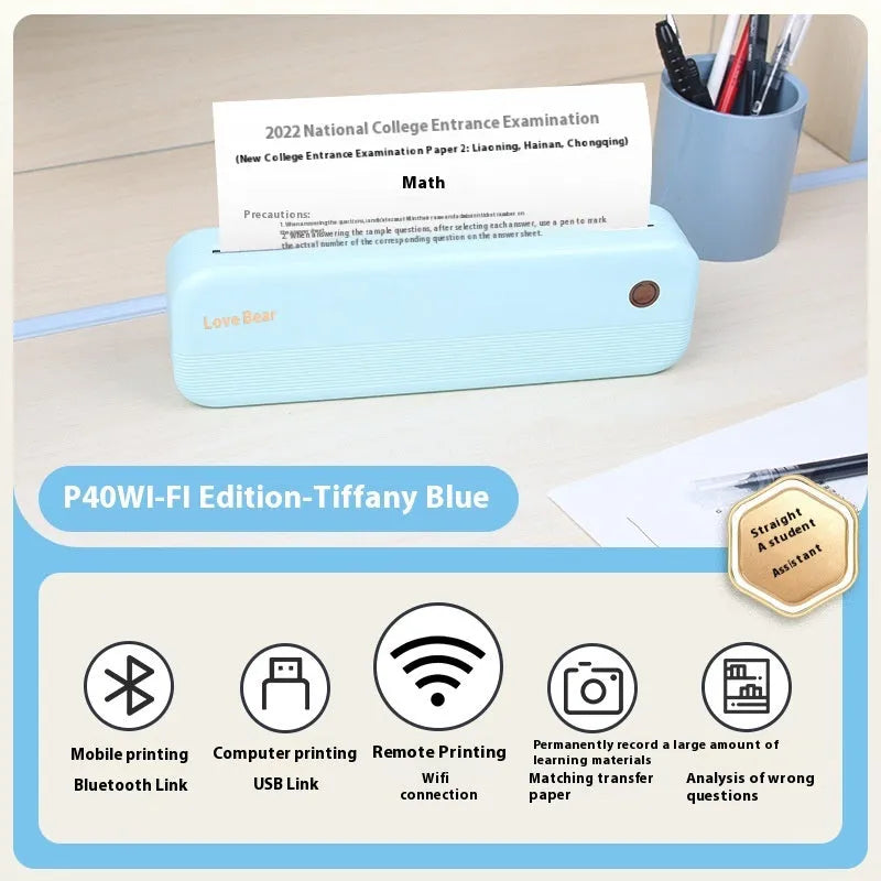 Ailixiong P40 portable thermal printer in Tiffany Blue or White colour with compact design for ink-free text printing