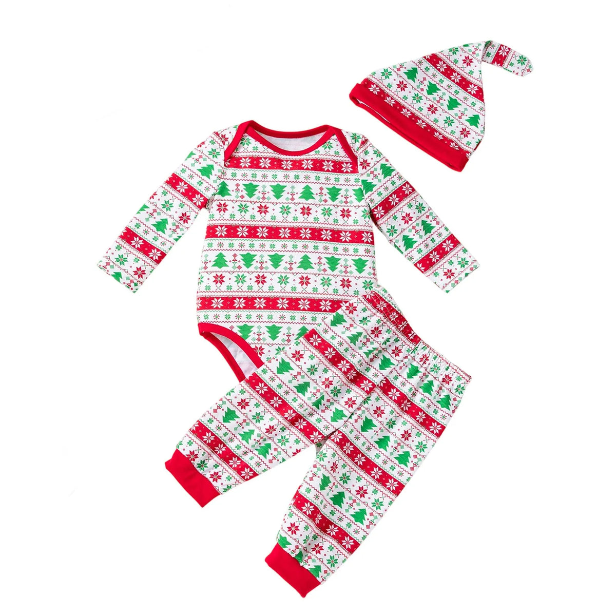 Christmas tree print 3-piece baby outfit with long-sleeve bodysuit, pants, and hat in cotton blend, unisex sizes 3-24 months
