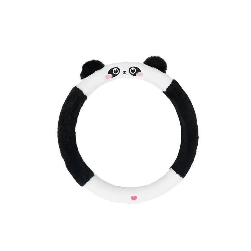 Plush thermal car steering wheel cover with rabbit fur embroidered animal design, 38cm diameter