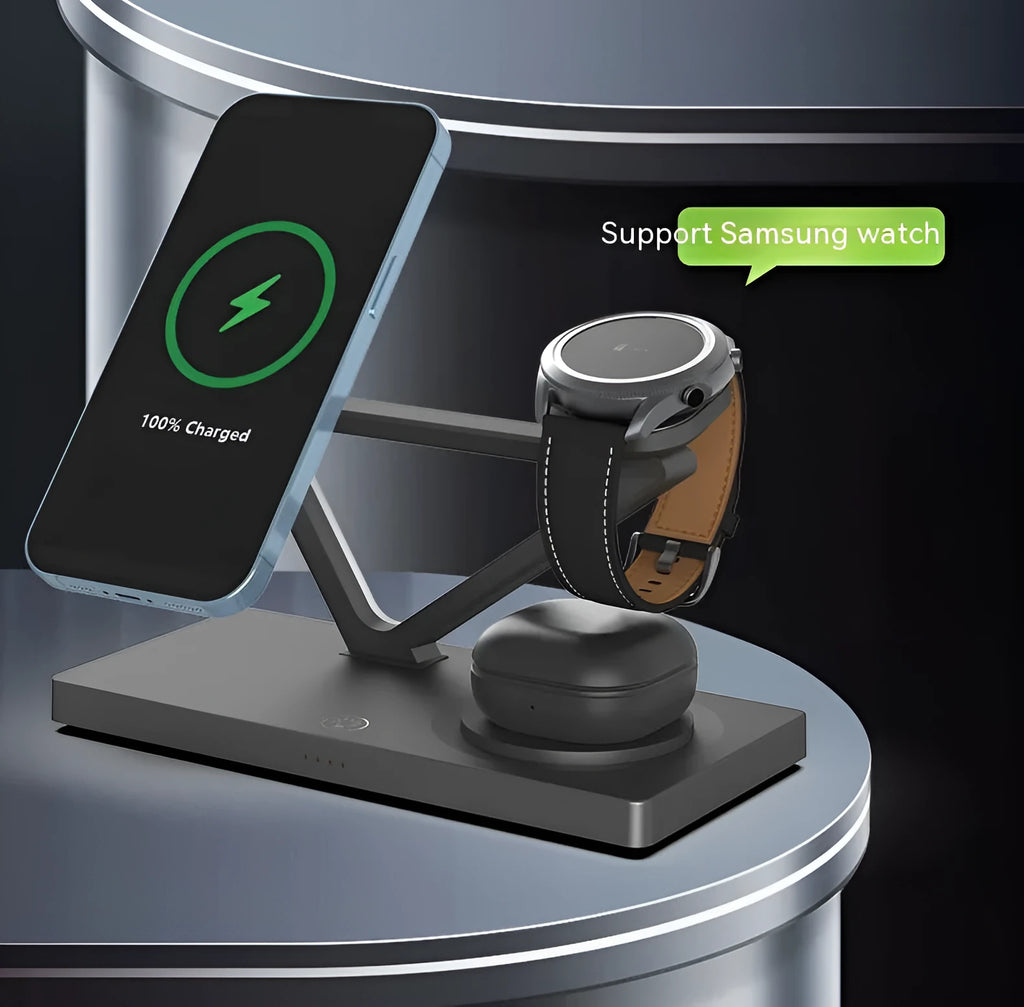White five-in-one wireless charging station with night lamp, magnetic phone bracket, and watch charging pad on a bedside table.