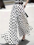 Women's white bohemian ruffled wide-leg pants with patterned bell-bottom design, polyester, casual Japanese Korean style