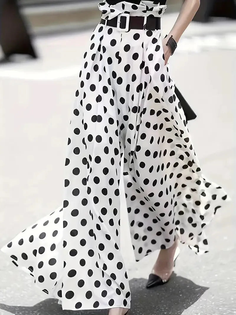 Women's white bohemian ruffled wide-leg pants with patterned bell-bottom design, polyester, casual Japanese Korean style