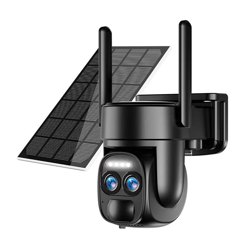 Solar panel security camera mounted outdoors with 8x zoom lens.