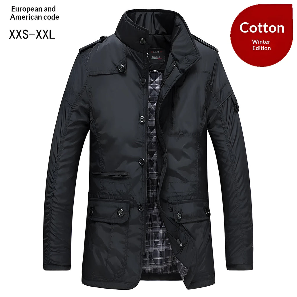 Men's mid-length windproof casual jacket, oversized loose fit, khaki or black, zip pocket, sizes XXS to XXL