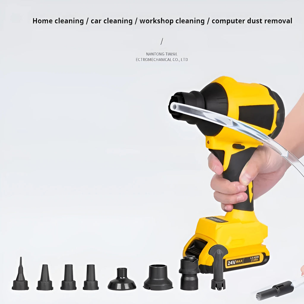 Yellow cordless handheld dust gun blower with accessories for home and office cleaning
