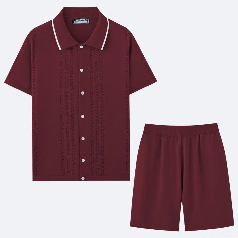 Tencel viscose knitted business casual two-piece set showing short sleeve top and matching shorts.