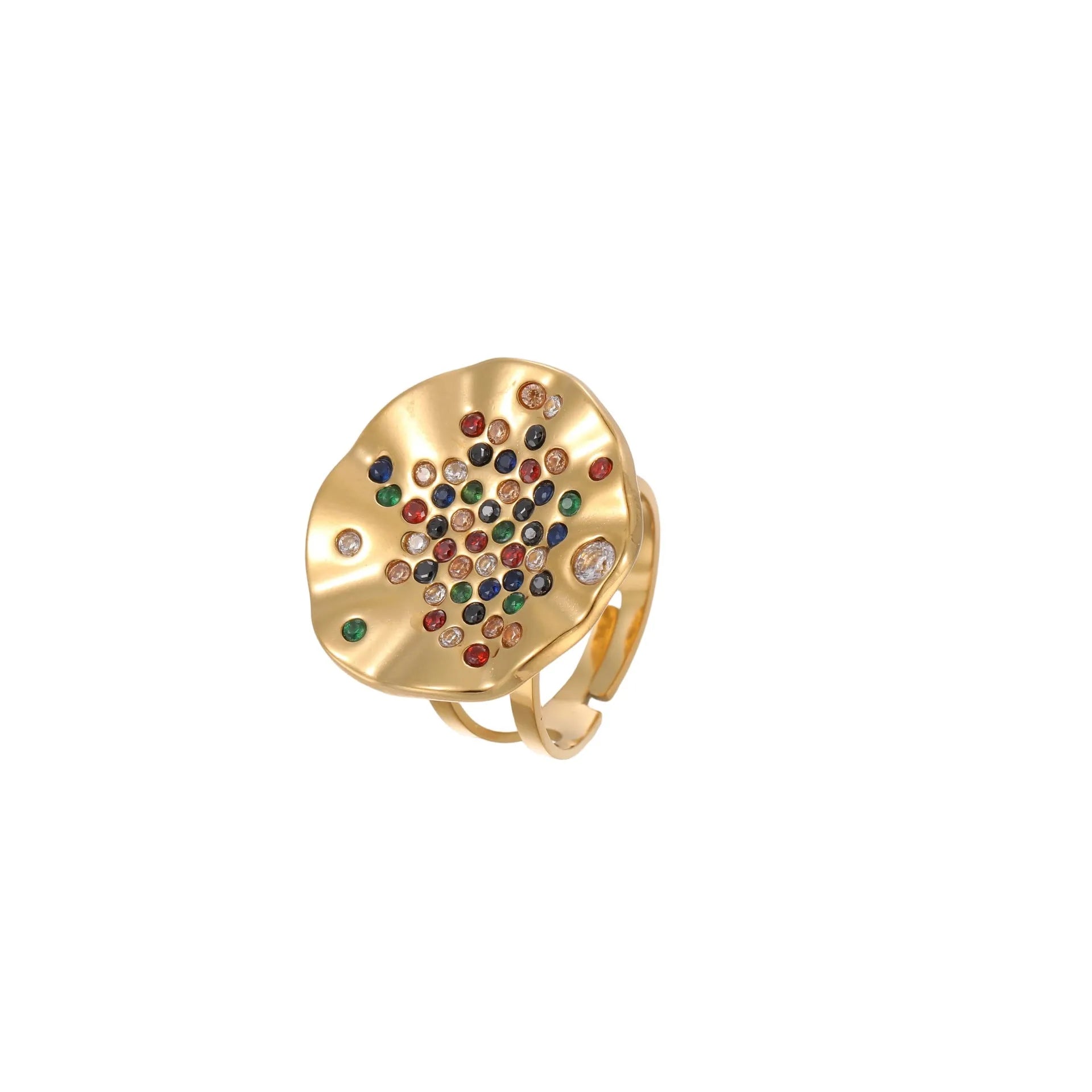 Geometric pleated titanium steel ring with colour diamond inlays and adjustable open mouth design