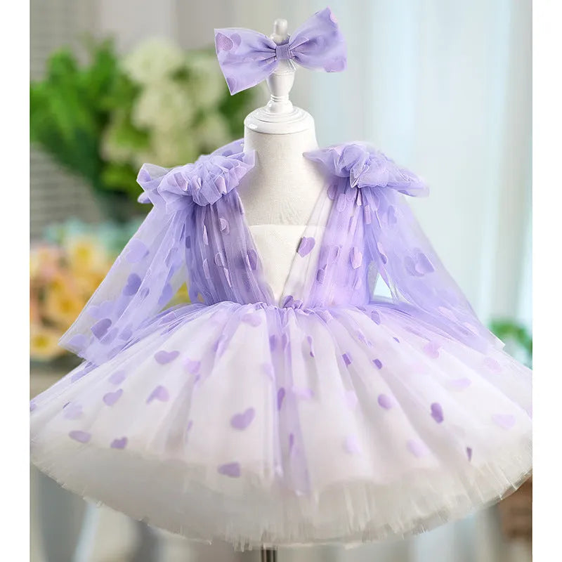 Girls purple tutu dress with bow and gauzy skirt, princess style, available in sizes 80cm to 160cm