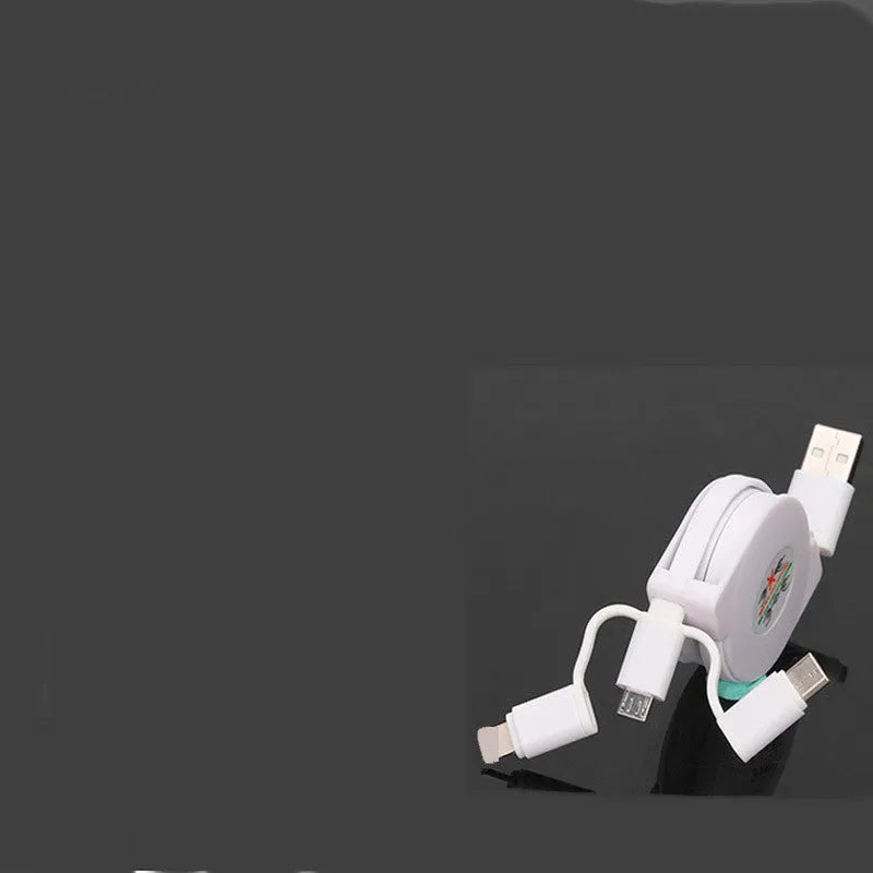 White three-in-one telescopic data cable with USB, Type-C, Micro USB, 8-Pin, and Apple connectors, 1m length