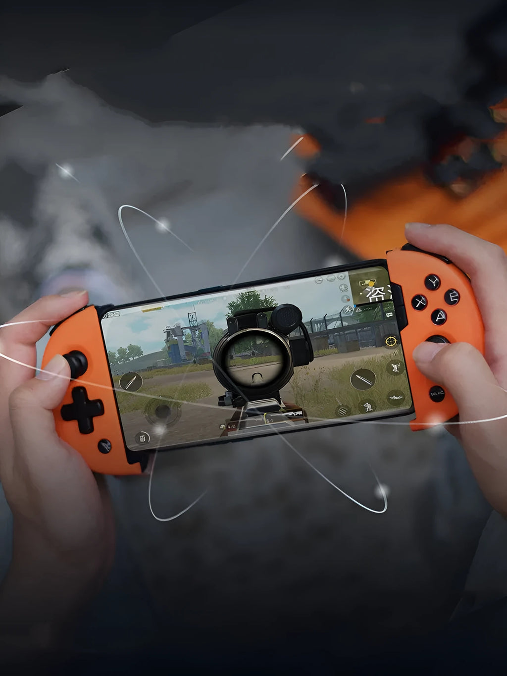 Feizhi Wee2T wired USB mobile game controller in blue or orange with a stretch handle.
