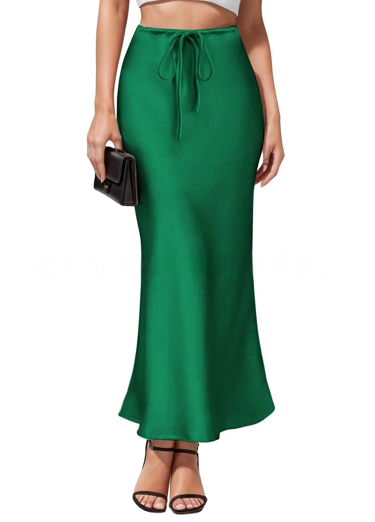 Asymmetric high waist skirt in acetate satin fabric with irregular stitching detail, shown in a choice of colours.