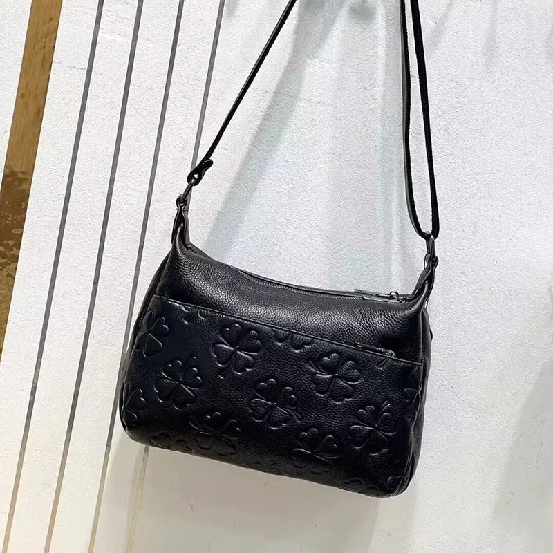 Large capacity genuine leather shoulder underarm crossbody bag with soft horizontal square shape and polyester lining