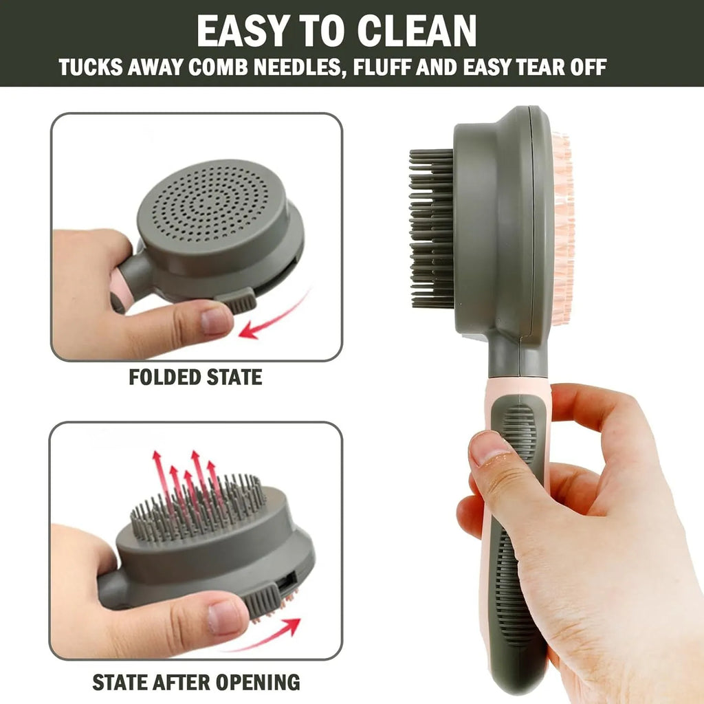 Pink and green double-sided cat brush with flea comb and release button for pet grooming.