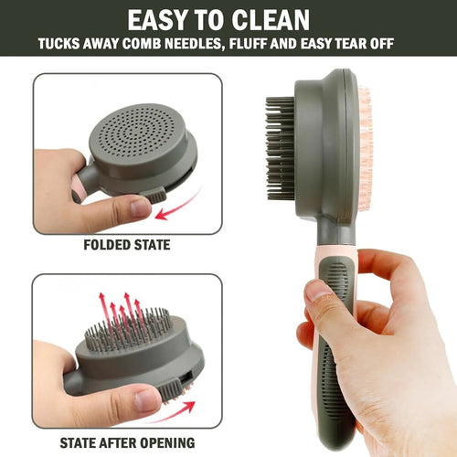 Pink and green double-sided cat brush with flea comb and release button for pet grooming.