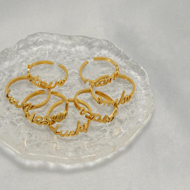 Gold electroplated stainless steel adjustable open ring with letter design, unisex style
