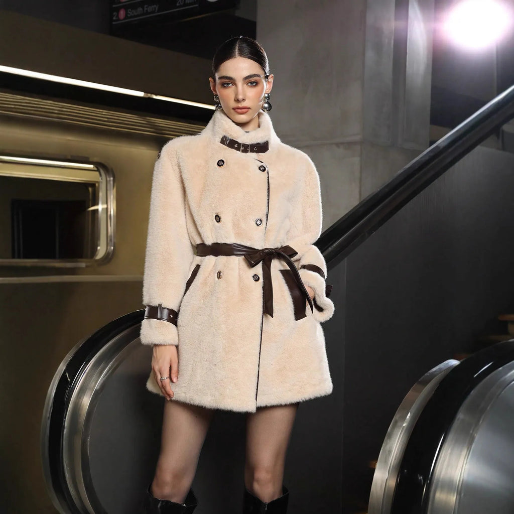 Women's loose fit apricot faux fur coat with lace-up front and faux fur collar