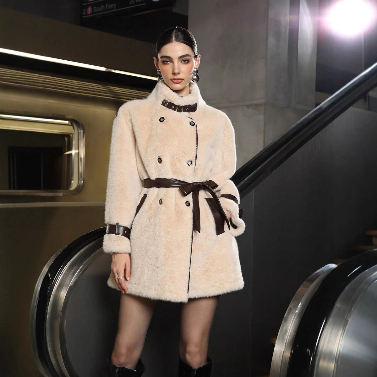 Women's loose fit apricot faux fur coat with lace-up front and faux fur collar