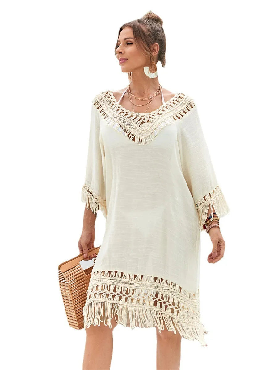 Apricot hand-crocheted acrylic beach dress with polyester lining