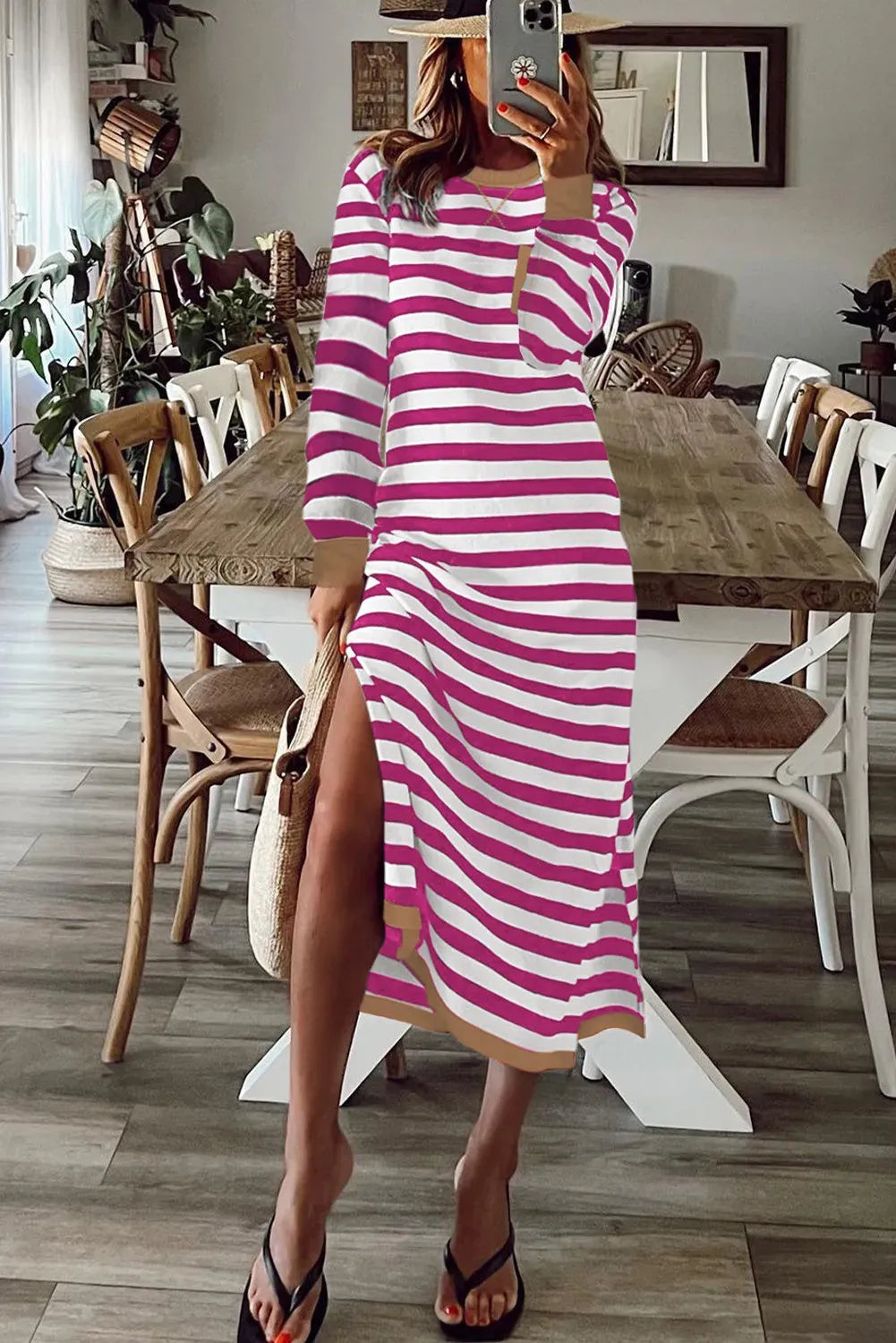 Striped printed long sleeve dress with contrast edge, shown in Rose Stripe and Sky Blue Stripe, sizes S to XL
