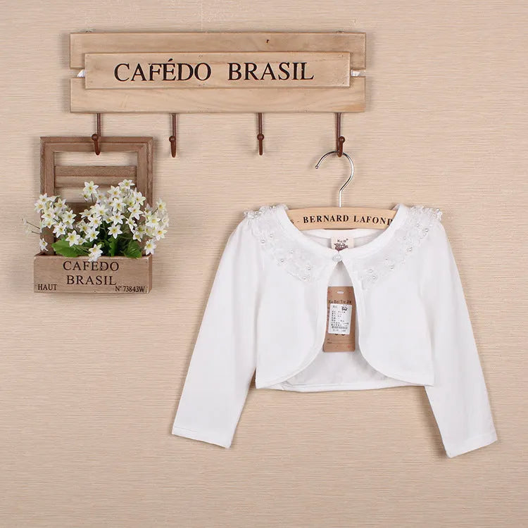 Girls' long-sleeved cotton lace coat in white or pink, solid colour summer top for heights 90cm to 160cm
