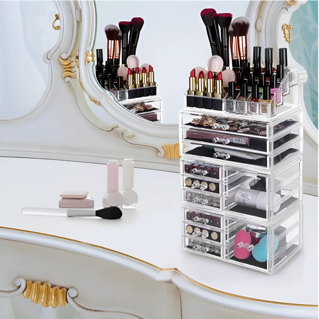 Acrylic three-layer cosmetics storage box in transparent finish with organised compartments on a dressing table