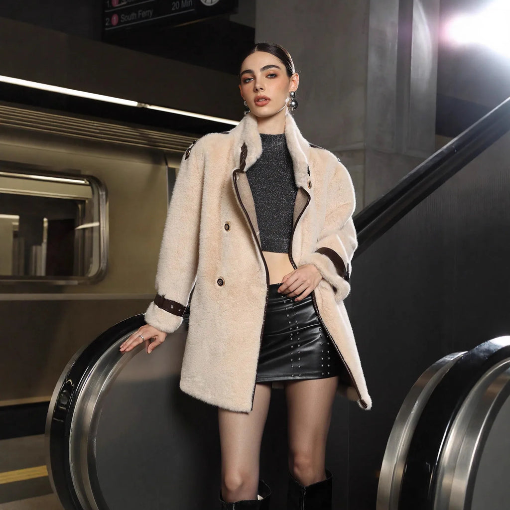 Women's loose fit apricot faux fur coat with lace-up front and faux fur collar
