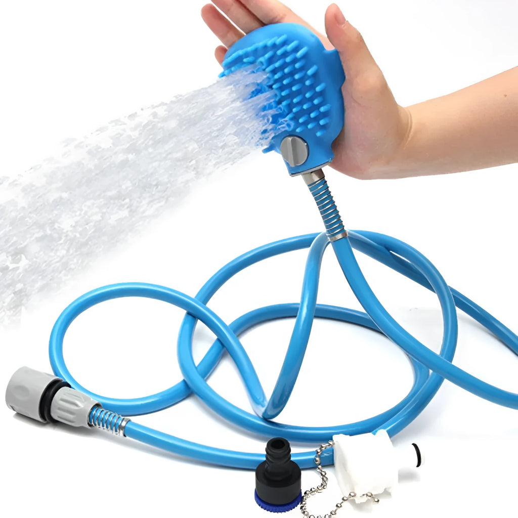 Blue handheld pet bathing tool with massage gloves, 98.5 inch hose and two faucet adapters for dogs, cats and horses.