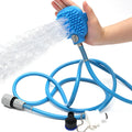 Blue handheld pet bathing tool with massage gloves, 98.5 inch hose and two faucet adapters for dogs, cats and horses.