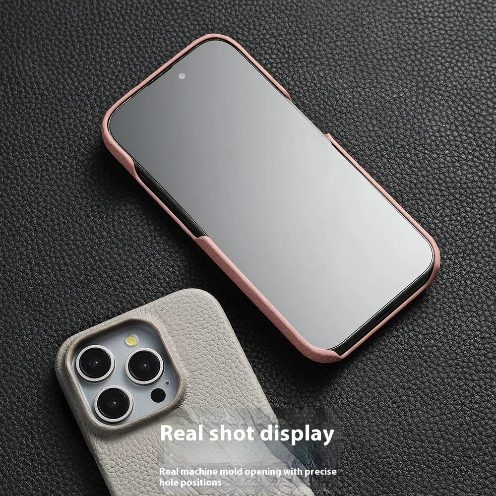 First layer cowhide magnetic phone case in black on iPhone 16 showing half-pack rear coverage