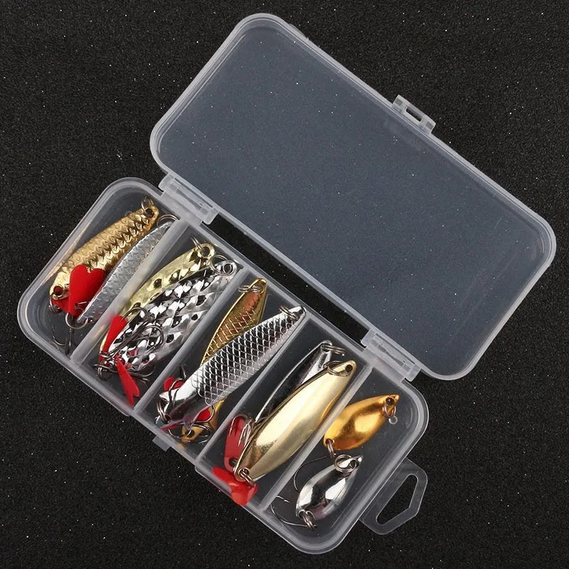 Three sets of metal sequin false baits in box iron packaging for lure fishing