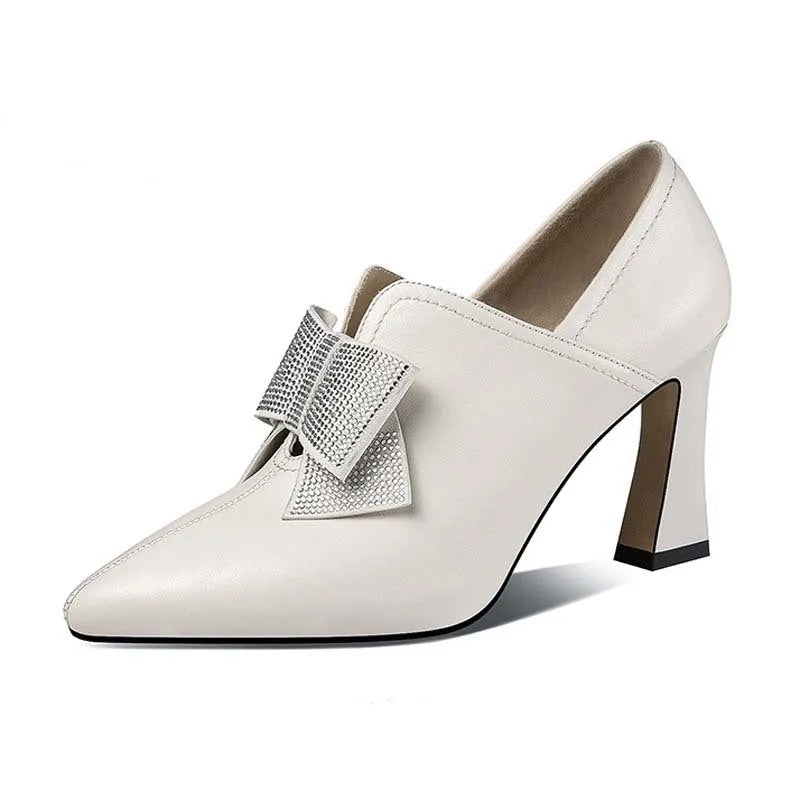 Women's bow boots with pointed toe, 6-8cm chunky high heel, PU upper, black or beige, sizes 34-40