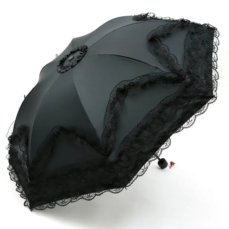Four-layer lace sunscreen tri-fold umbrella with manual open steel frame in black