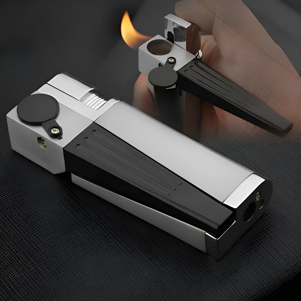 Metal pipe lighter with folding flap covering lighter mechanism and stash compartment
