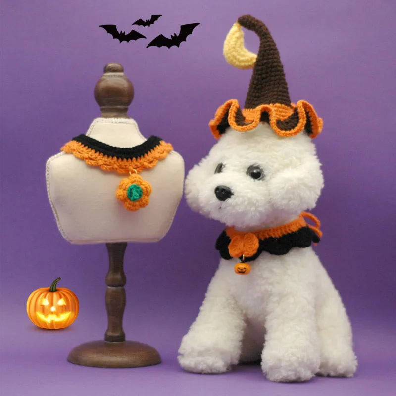 Hand crocheted wool pet collar in pumpkin colours with adjustable sizing for Halloween photography