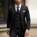 Men's slim fit three-piece suit in a solid colour, featuring a jacket, waistcoat, and trousers.