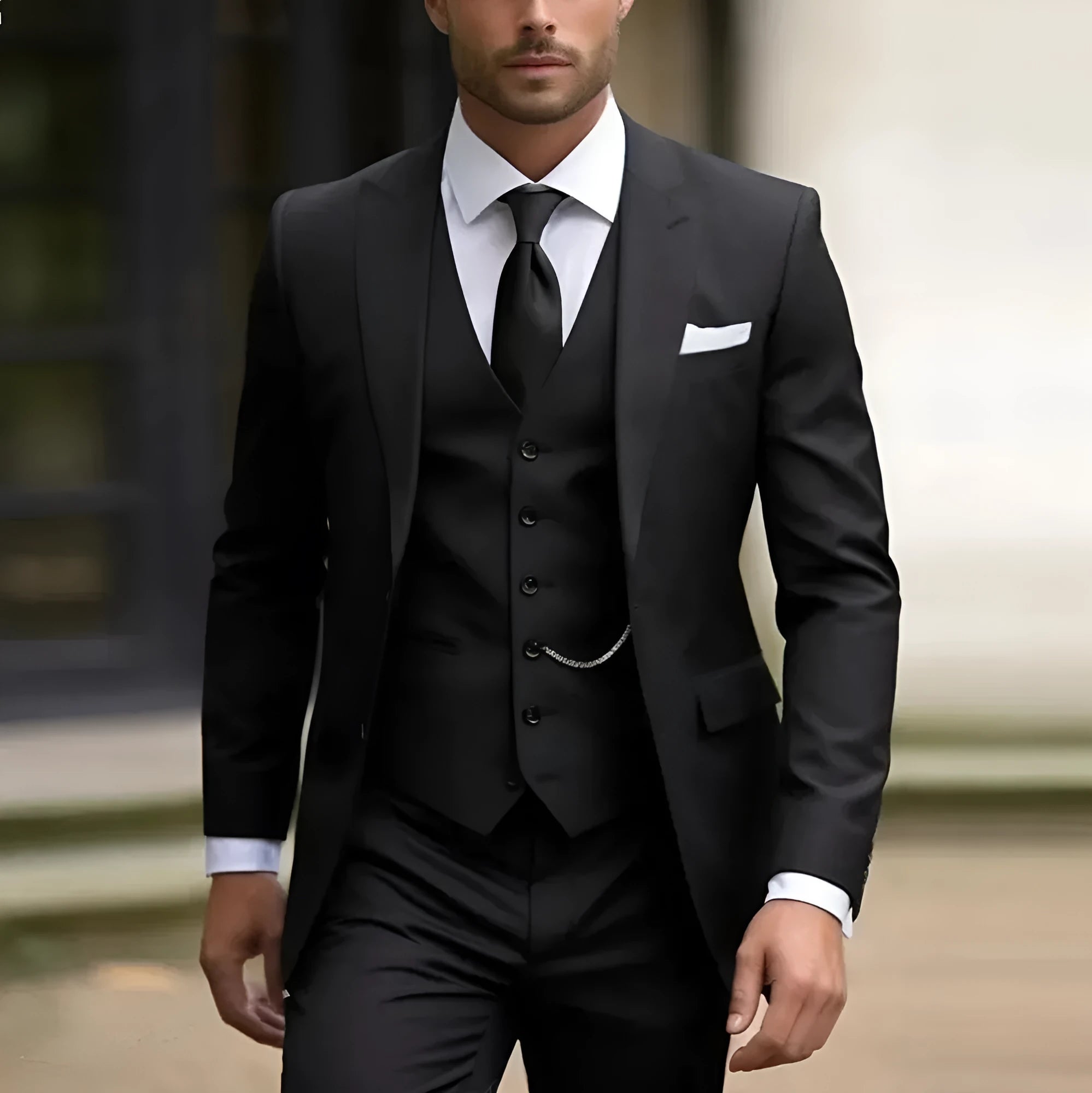 Men's slim fit three-piece suit in a solid colour, featuring a jacket, waistcoat, and trousers.