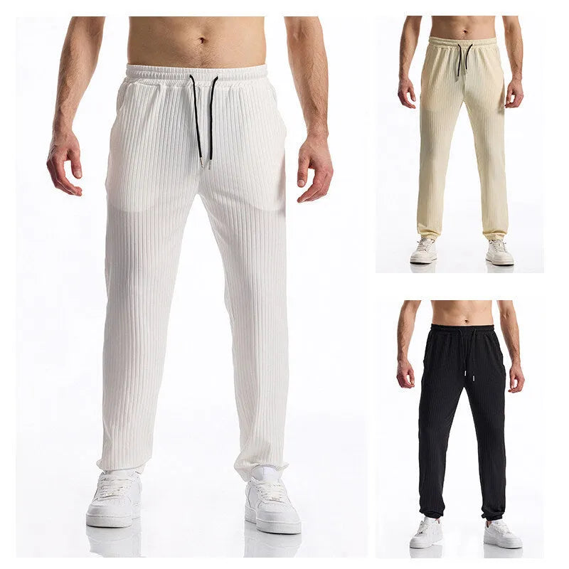 Silky rib fabric baggy straight casual trousers in black with drawstring waist and belt