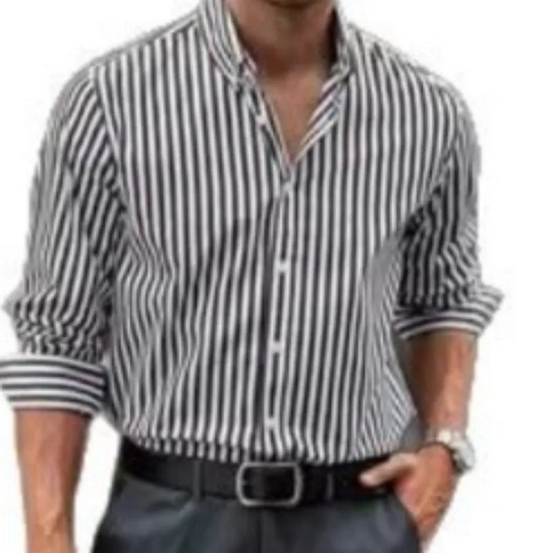 Men's casual stripe button shirt in loose cardigan style, polyester long sleeve, available in Khaki