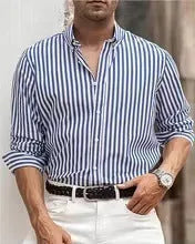 Men's casual stripe button shirt in loose cardigan style, polyester long sleeve, available in Khaki